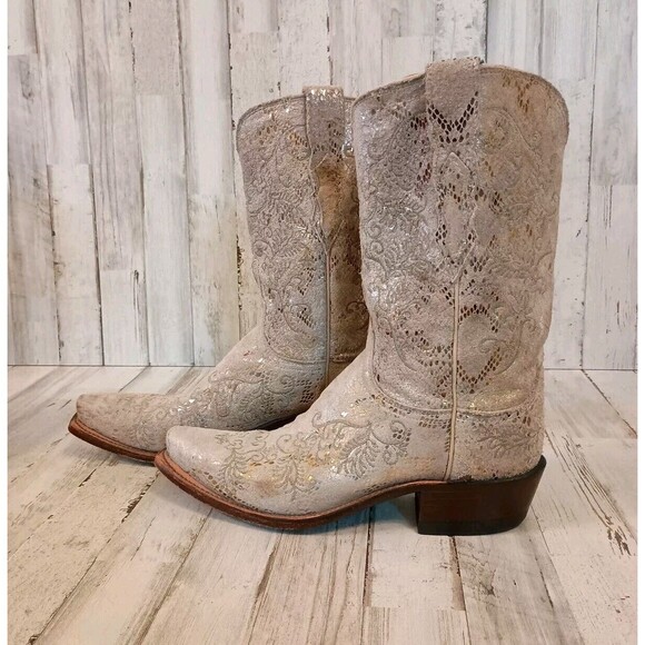 Lucchese Size 7 B Suede Gold Stone Python Print Boots Western Cowboy Snip Toe - Picture 3 of 16
